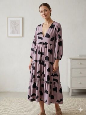 Abstract Brushstroke Tiered V-Neck Midi Dress - Dusty Pink & Black - Size M